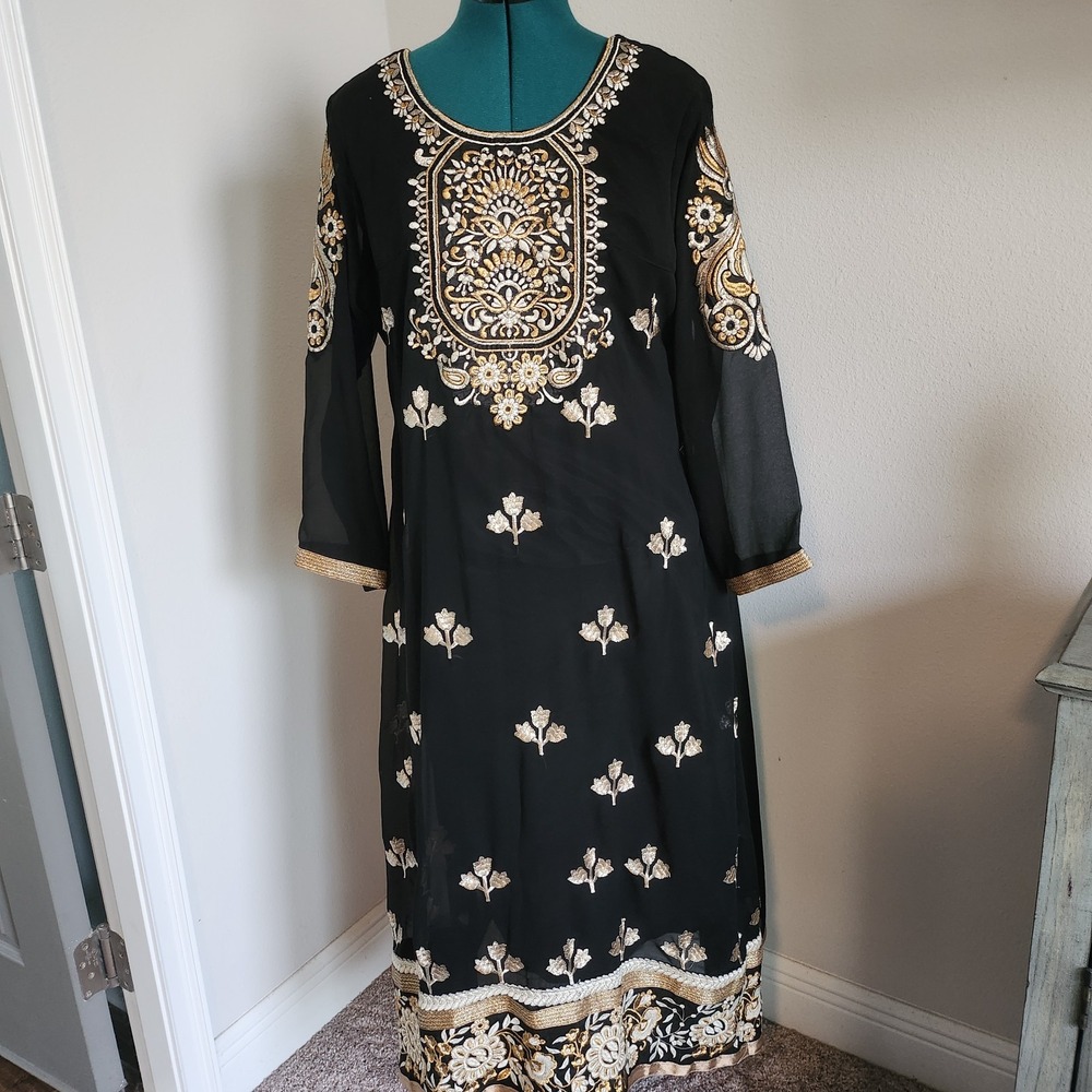 Unbranded Kurti Midi Dress Womens Large Black Embroidered A-line Chiffon